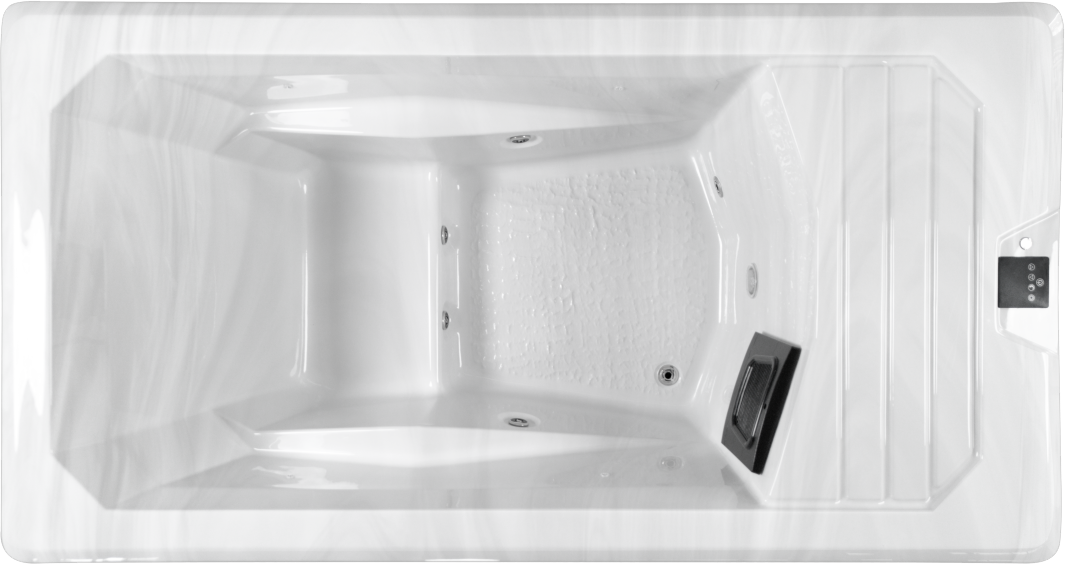 Top-down view of the Wellness Ice Bath showing the spacious white acrylic interior with built-in seating, textured base and integrated jets, designed for premium cold water therapy and recovery at home.