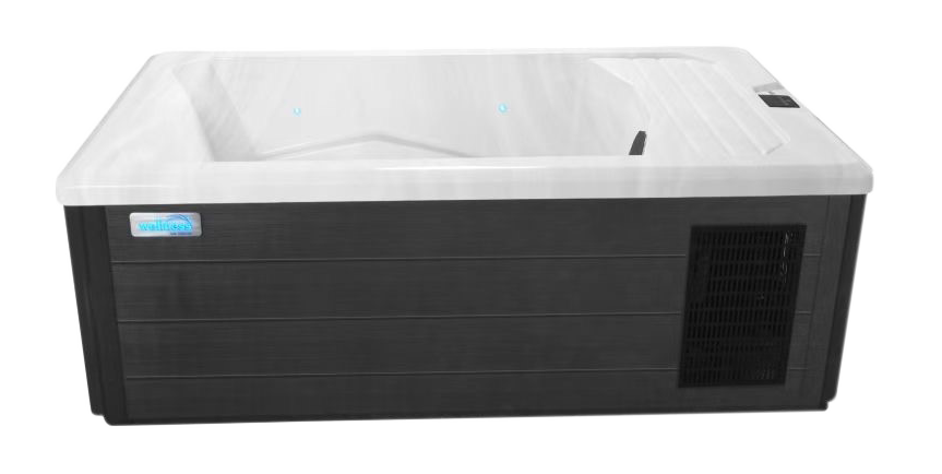 Side profile of the Wellness Ice Bath with sleek dark cabinet exterior and white acrylic shell, showcasing the compact, freestanding design ideal for outdoor ice bath and cold plunge therapy setups.