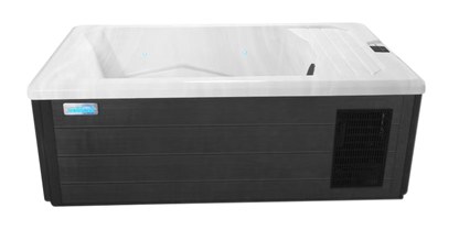 Side profile of the Wellness Ice Bath with sleek dark cabinet exterior and white acrylic shell, showcasing the compact, freestanding design ideal for outdoor ice bath and cold plunge therapy setups.